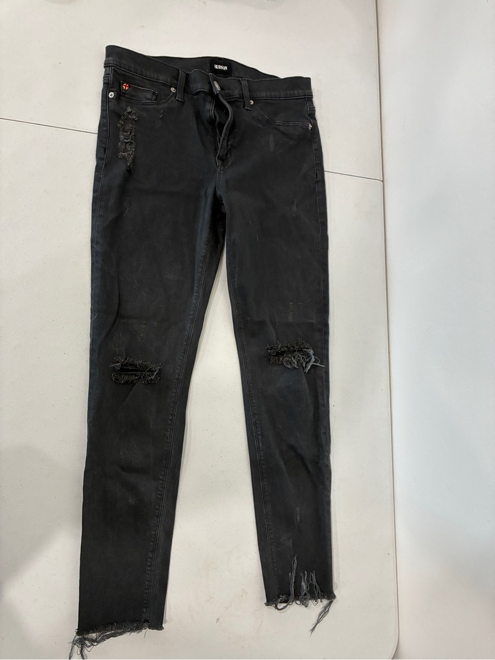 Hudson Nico Mid Rise Super Skinny Ankle Jeans Black Distressed / Raw Hem Size 31